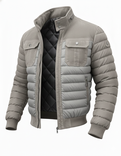 Lorenzo Riva Milano™ | Double-Breasted Denim Puffer Jacket with Camouflage Inserts