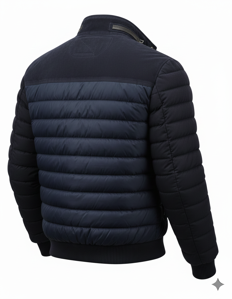 Lorenzo Riva Milano™ | Double-Breasted Denim Puffer Jacket with Camouflage Inserts