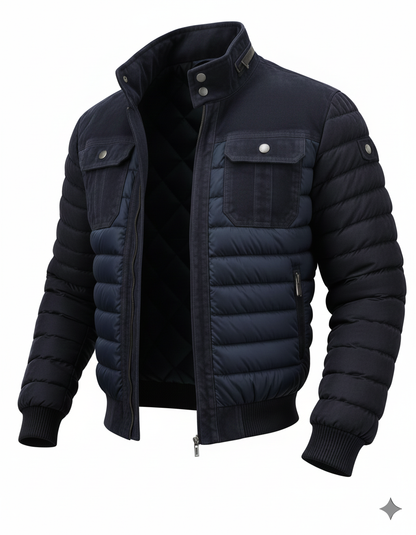 Lorenzo Riva Milano™ | Double-Breasted Denim Puffer Jacket with Camouflage Inserts