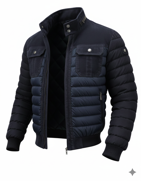 Lorenzo Riva Milano™ | Double-Breasted Denim Puffer Jacket with Camouflage Inserts