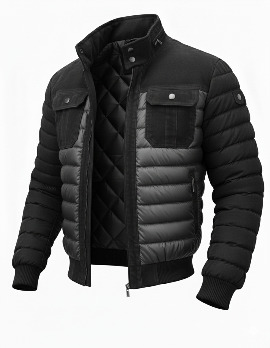 Lorenzo Riva Milano™ | Double-Breasted Denim Puffer Jacket with Camouflage Inserts